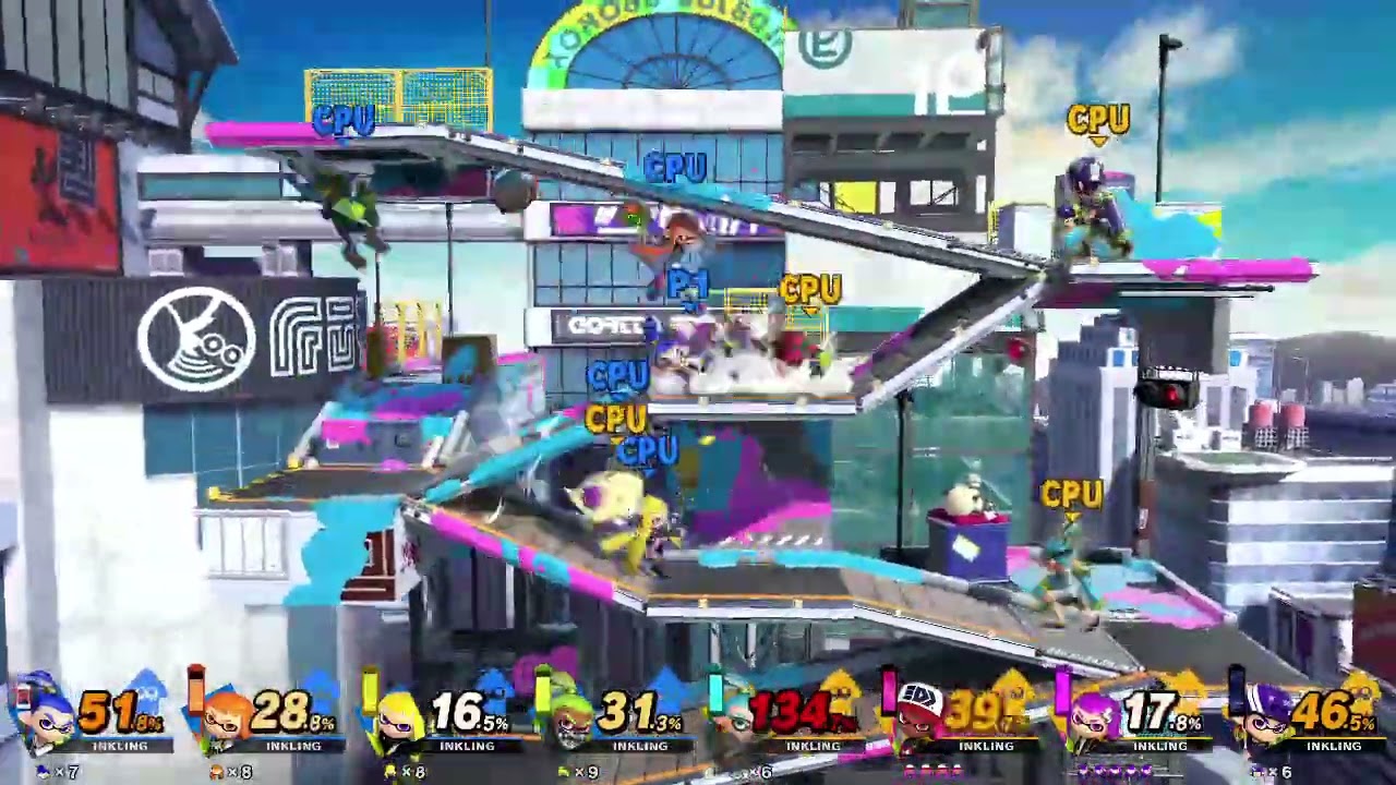 Super Smash Bros. Ultimate: Inkling 4 vs 4 Stock Battle (Blue Team vs Yellow Team)