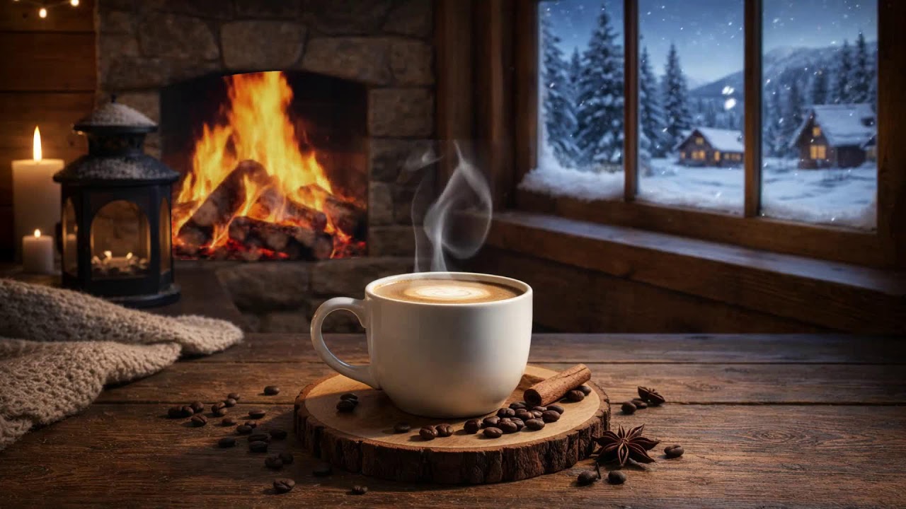 Snowy Winter Cafe Night ❄️ Cozy Fireplace & Smooth Jazz