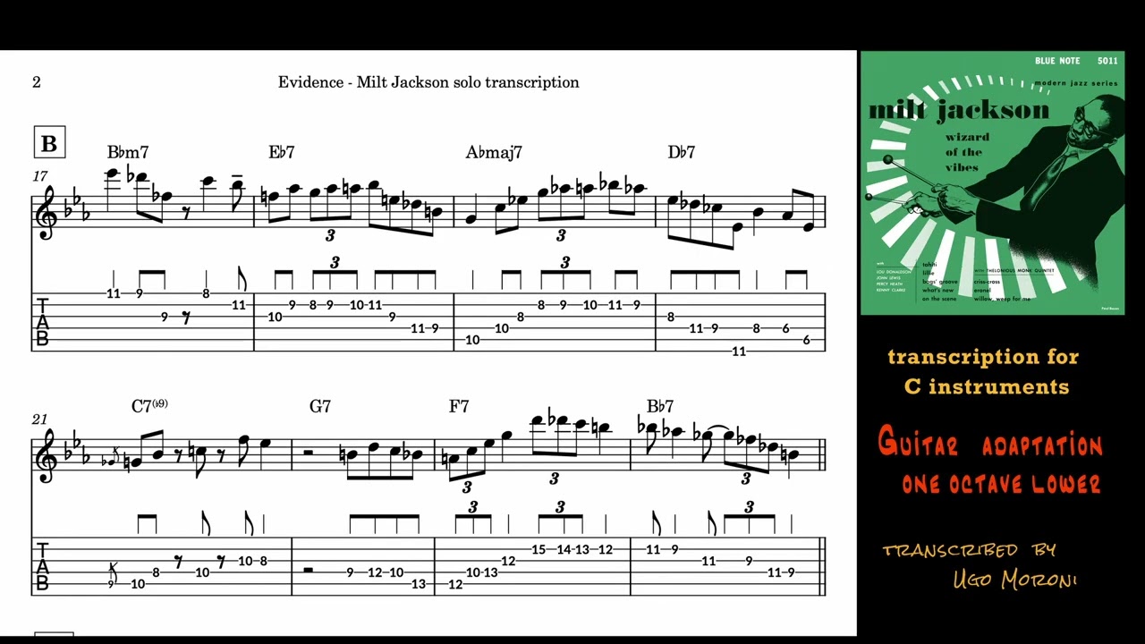 Milt Jackson Solo &ndash; &ldquo;Evidence&rdquo; by Thelonious Monk | Free PDF Transcription