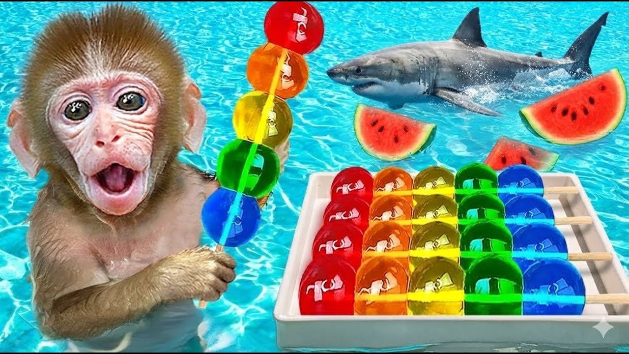 Mono BuBu Hace Helado de Sandía en la Piscina del Tiburón Gigante — BuBu Mexican 🍉🐒🦈💦