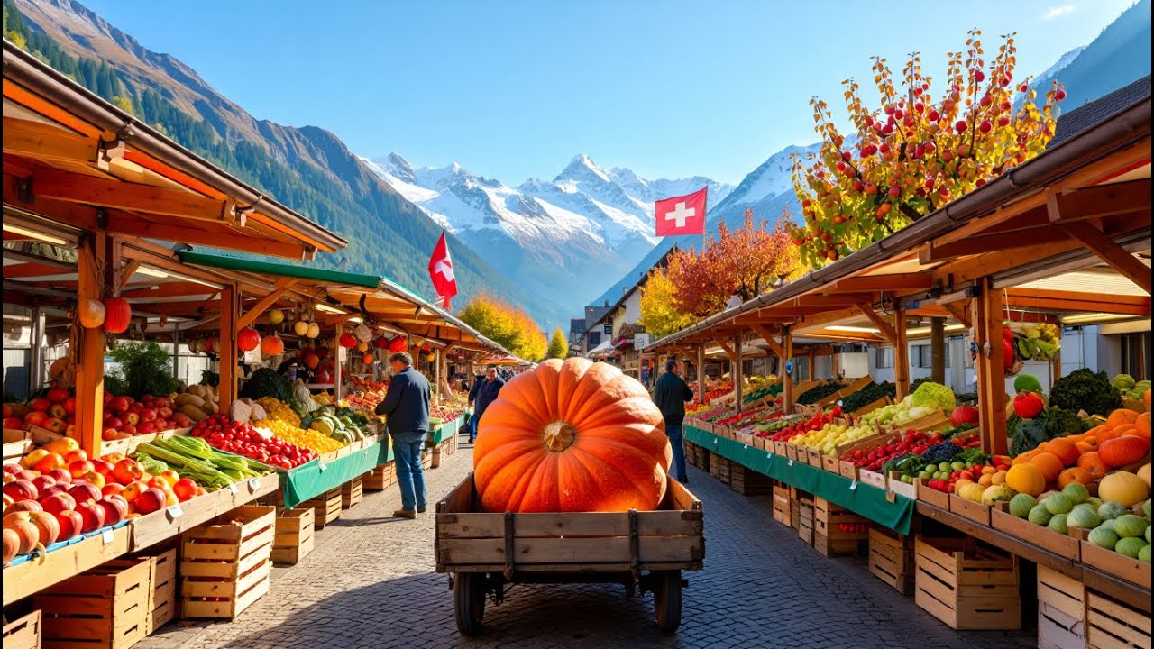 MORNING WALKING TOUR IN SWITZERLAND 🇨🇭 ORGANIC FARMERS MARKET & SWISS ALPS VILLAGE 4K