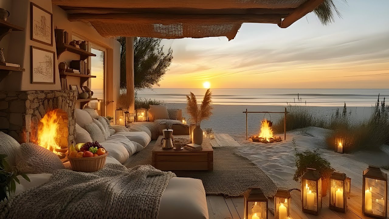 Peaceful Coastal Porch Ambience 🌊🔥 | Fireplace Crackles & Gentle Ocean Waves
