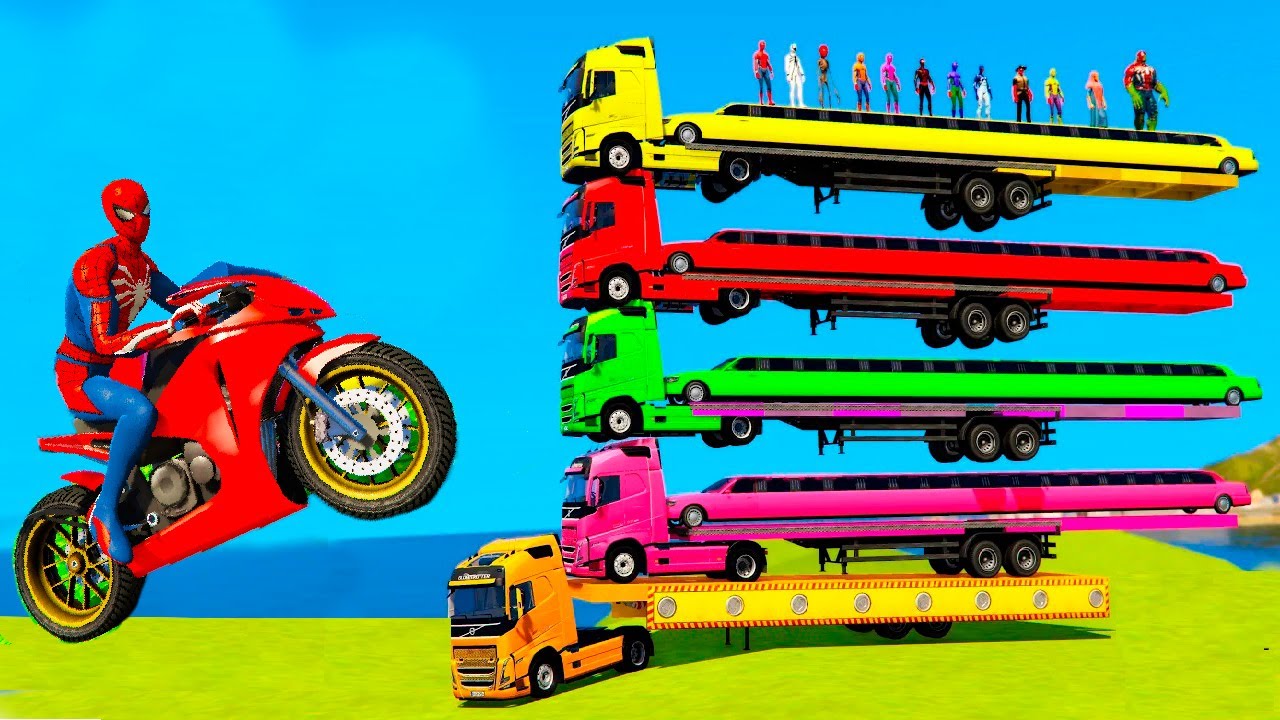 Trasporting cars, Trucks, Bus Into Giant Trailer with Spiderman By ship, plane & train in GTA5
