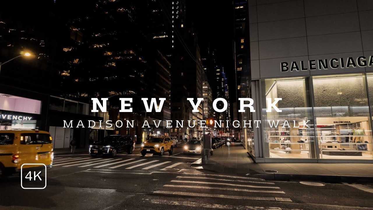 4K Manhattan New York - Madison Avenue, Upper East Side night walk tour from 96th to 50th Street