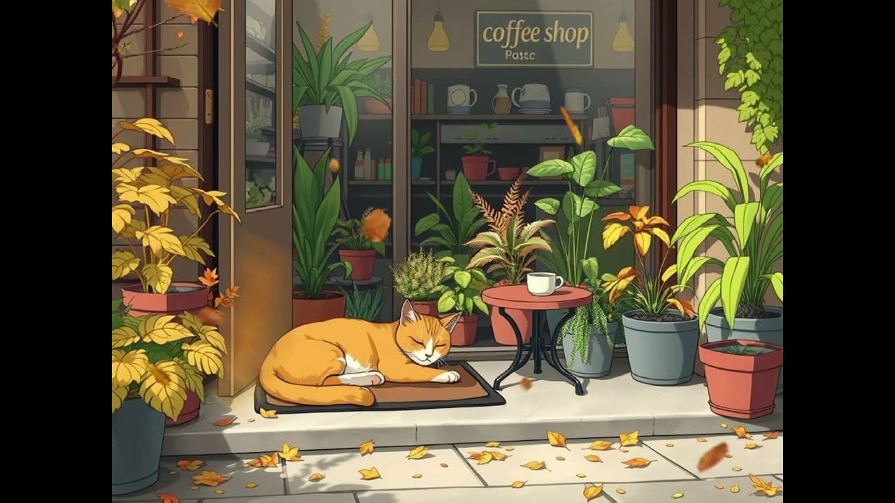 🍂🐾 Autumn Morning Lo-Fi | No Ads | Relaxing Cozy Beats with a Cat & Falling Leaves 🐱🎶