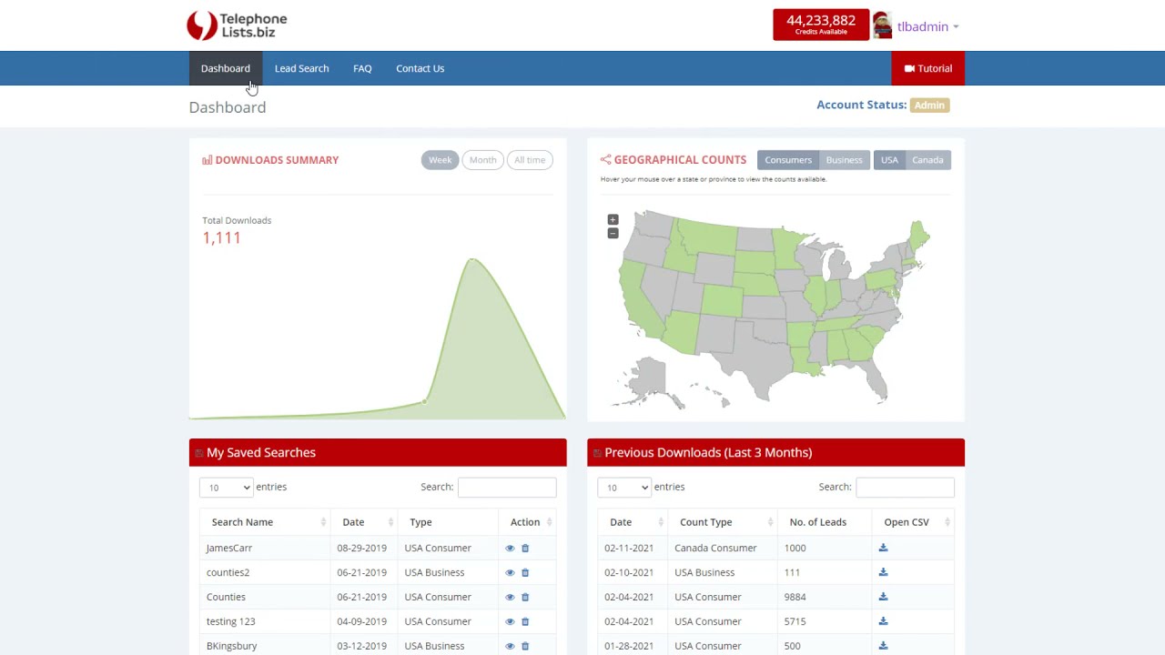 Telephone Lists Web Portal Demo for Business & Consumer Leads