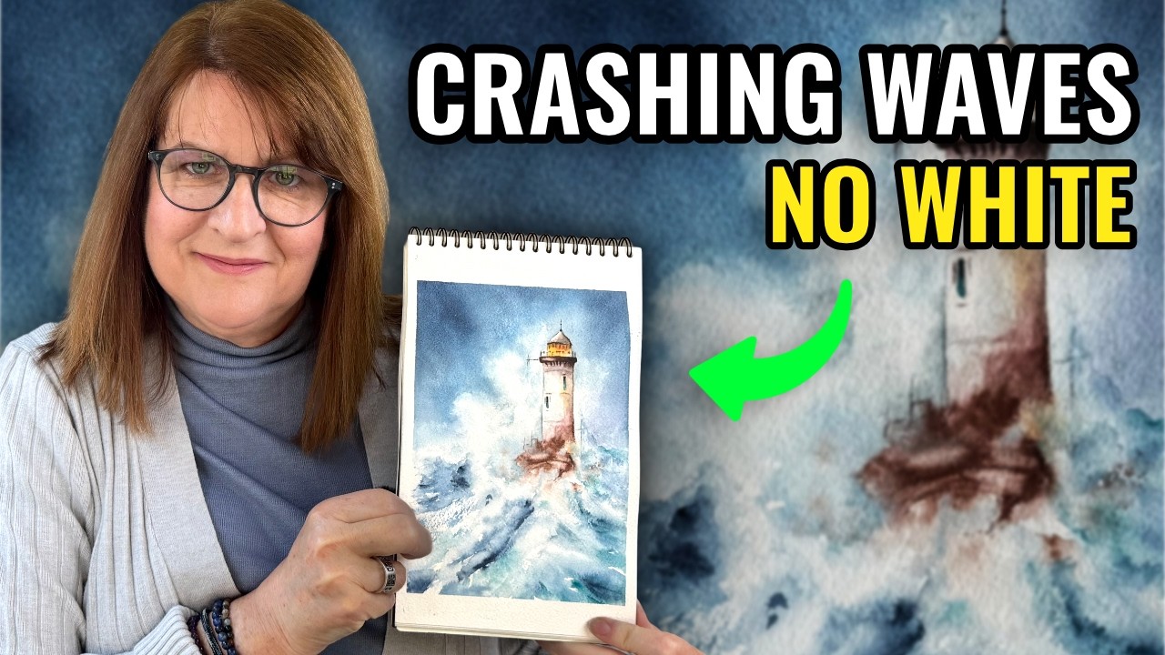 How to Paint Crashing Waves (No White Paint!) | Watercolor Lighthouse