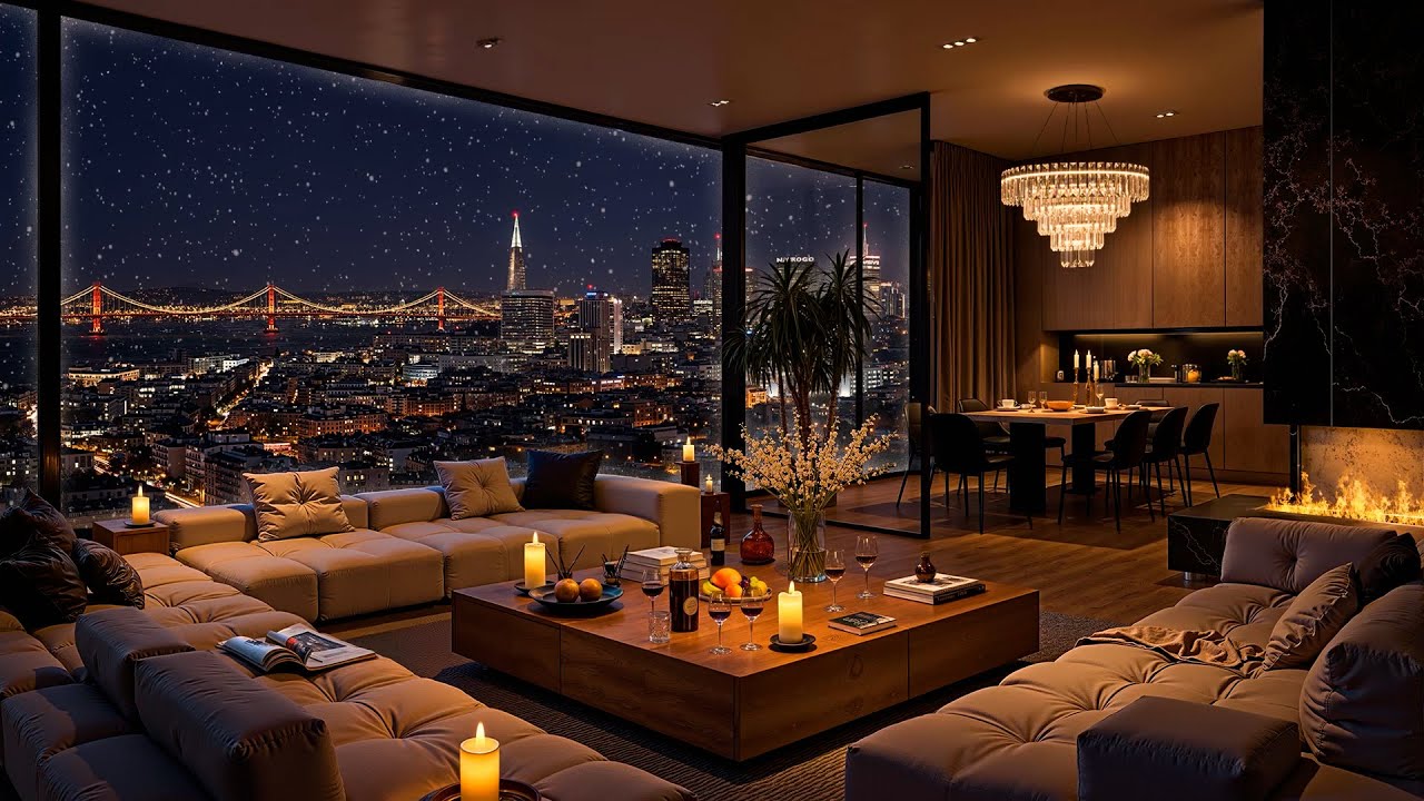 San Francisco Winter Night ❄ Cozy Apartment Ambience with Smooth Jazz Saxophone for Relax & Sleep