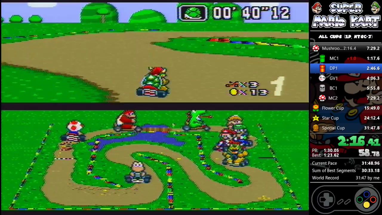 Super Mario Kart - NTSC Mushroom Cup Speedrun 1P - 7:00:95