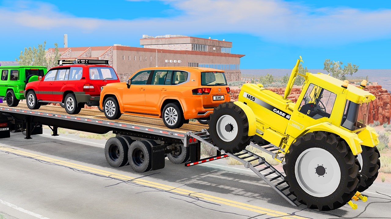 Double Flatbed Trailer Truck vs Speedbumps Train vs Cars | Tractor vs Train Beamng.Drive episode 05