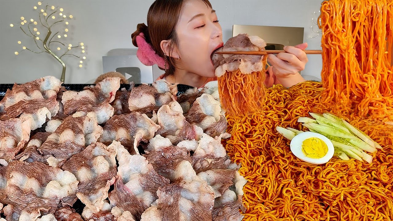 ASMR 1 кг говяжьей грудинки, Jjolmyeon, острая холодная жевательная лапша MUKBANG