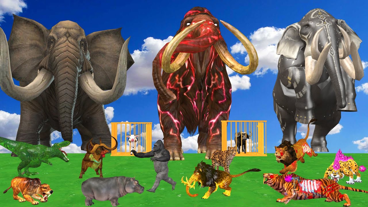 5 Giant Woolly Mammoth vs 5 Giant Zombie Lion Fight Baby Three Cow Gorilla Buffalo Saved By Mammoth