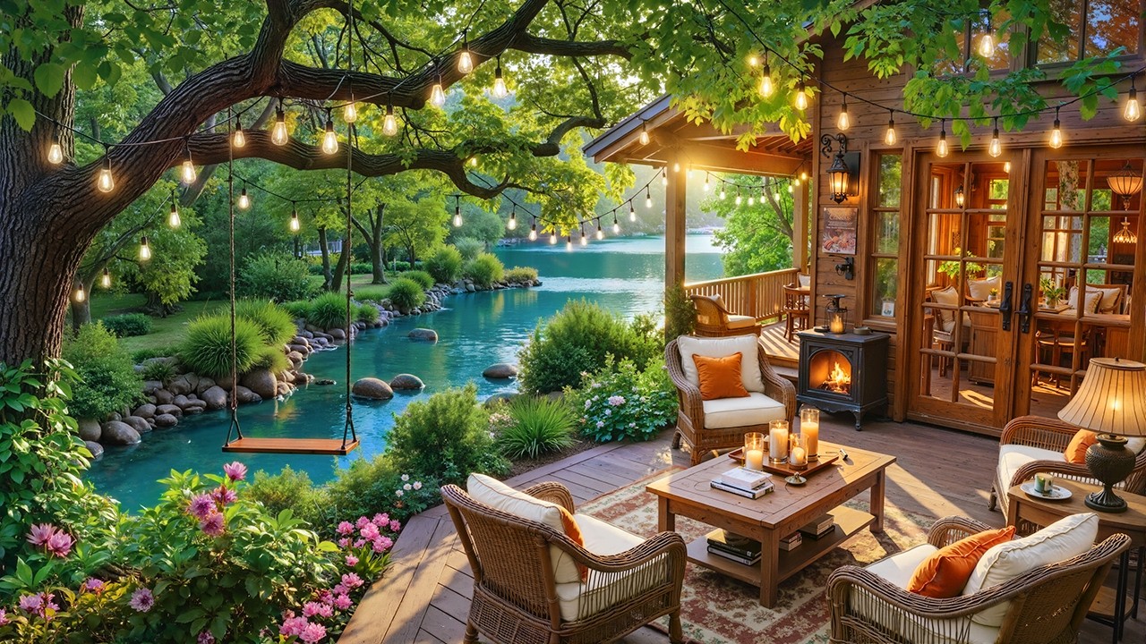 Jazz Relaxing Music to Stress Relief | Warm Summer Porch Ambience & Crackles Fireplace by the Lake