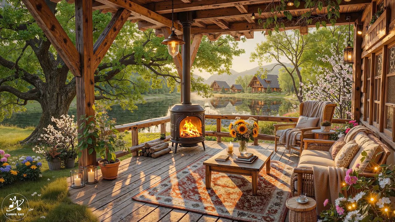 Peaceful Jazz on a Spring Cabin Porch Morning | Warm Jazz Lakeside Ambience for Deep Calm