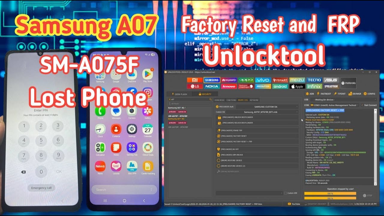 Samsung A07 SM A075F Lock Screen lost Factory Reset / FRP BY Unlocktool