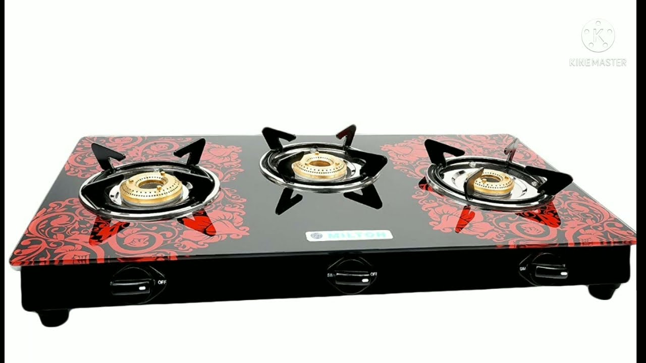 Milton Premium 3 Burner Red Glass Top Gas Stove, Manual Ignition LPG Stove