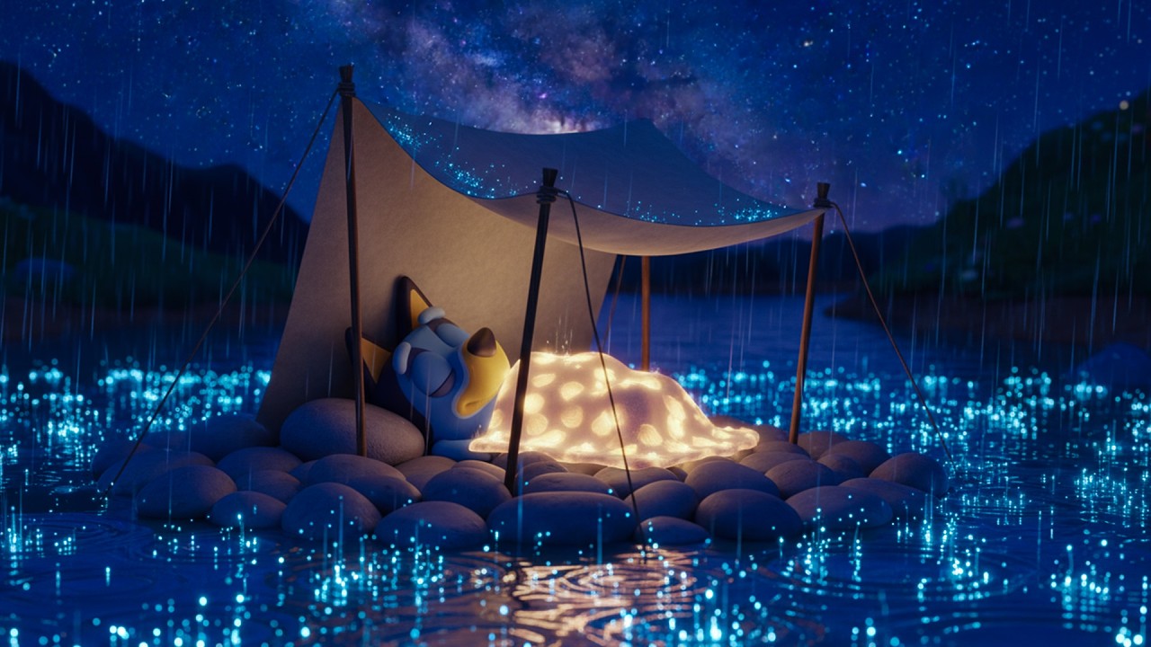 NO ADS Piano Music for Deep Sleep | Rainy Lake Night Ambience with Bluey