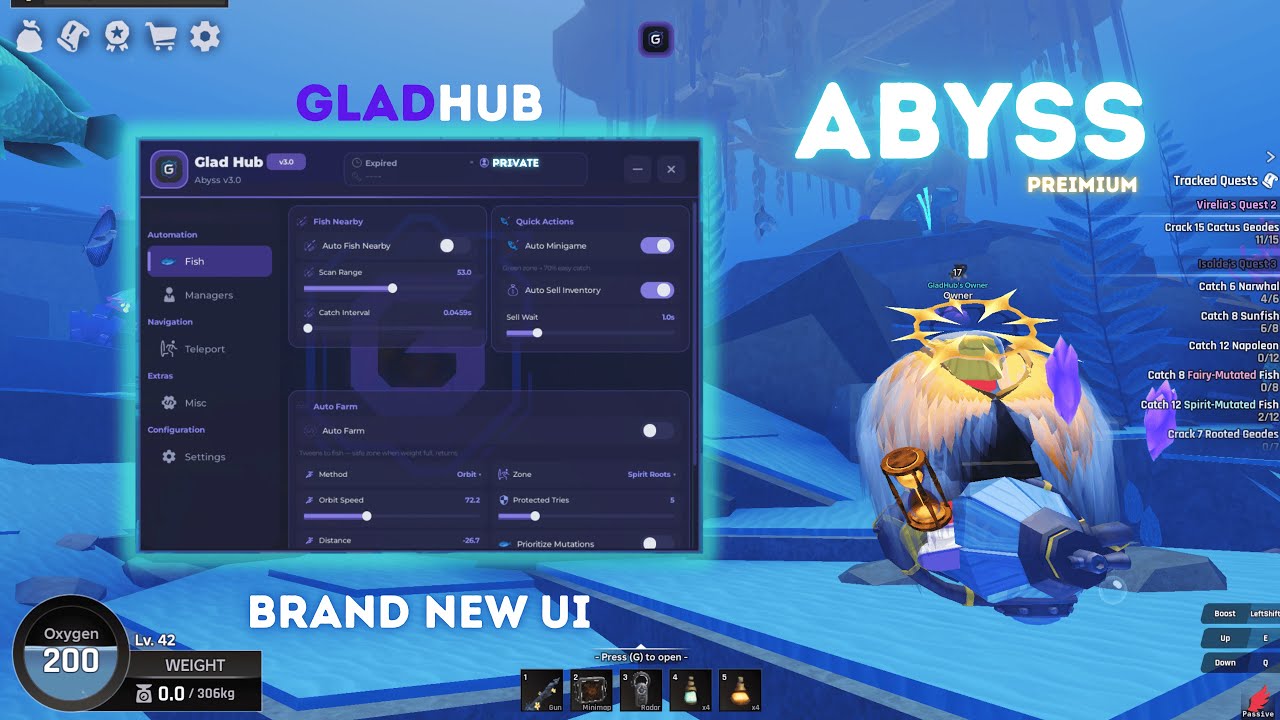 OP SCRIPT!! Roblox Abyss Auto farm , Inf Oxygen , Teleports & More | GladHub