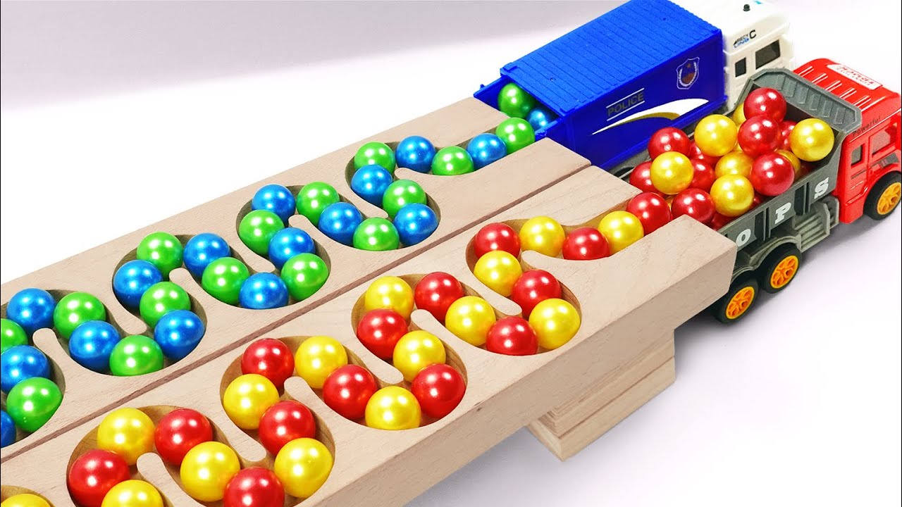 Marble Run Race ☆ HABA Slope&Retro Makita Truck, Excavator, Garbage Truck, Dump Truck,Ambulances#130