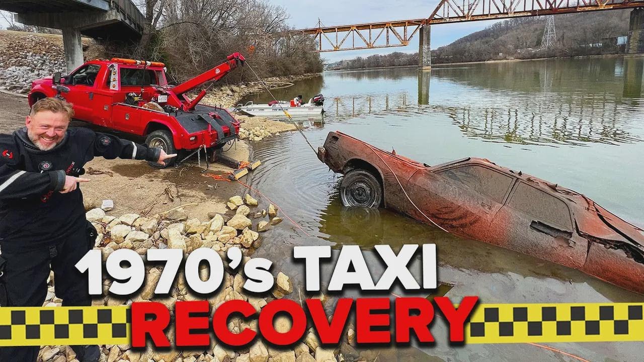 Riesiges orangefarbenes Taxi aus den 70ern aus dem Fluss gezogen!