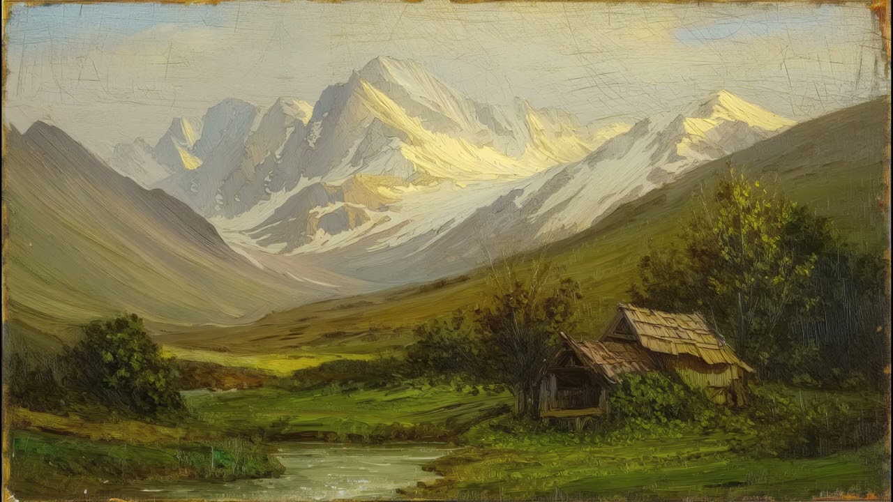 4K Art for TV – Alpine Valley Cabin & Snowy Peaks | No Sound | 2 Hours