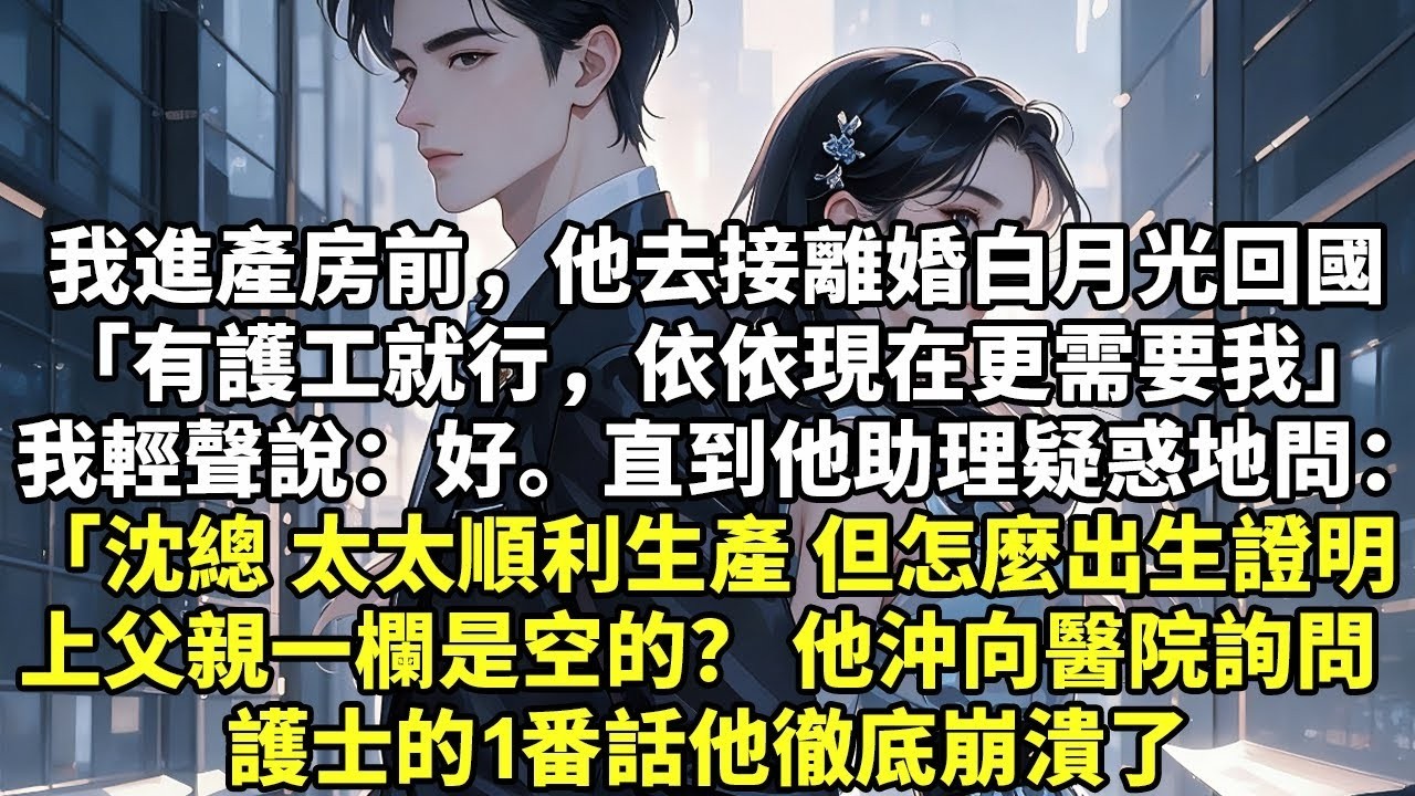 我進產房前，他去接離婚白月光回國 「有護工就行，依依現在更需要我」 我輕聲說：「好。」直到他助理疑惑地問： 「沈總，太太順利生產 但為什麼出生證明上，父親一欄是空的？」 他沖向醫院【現代言情】