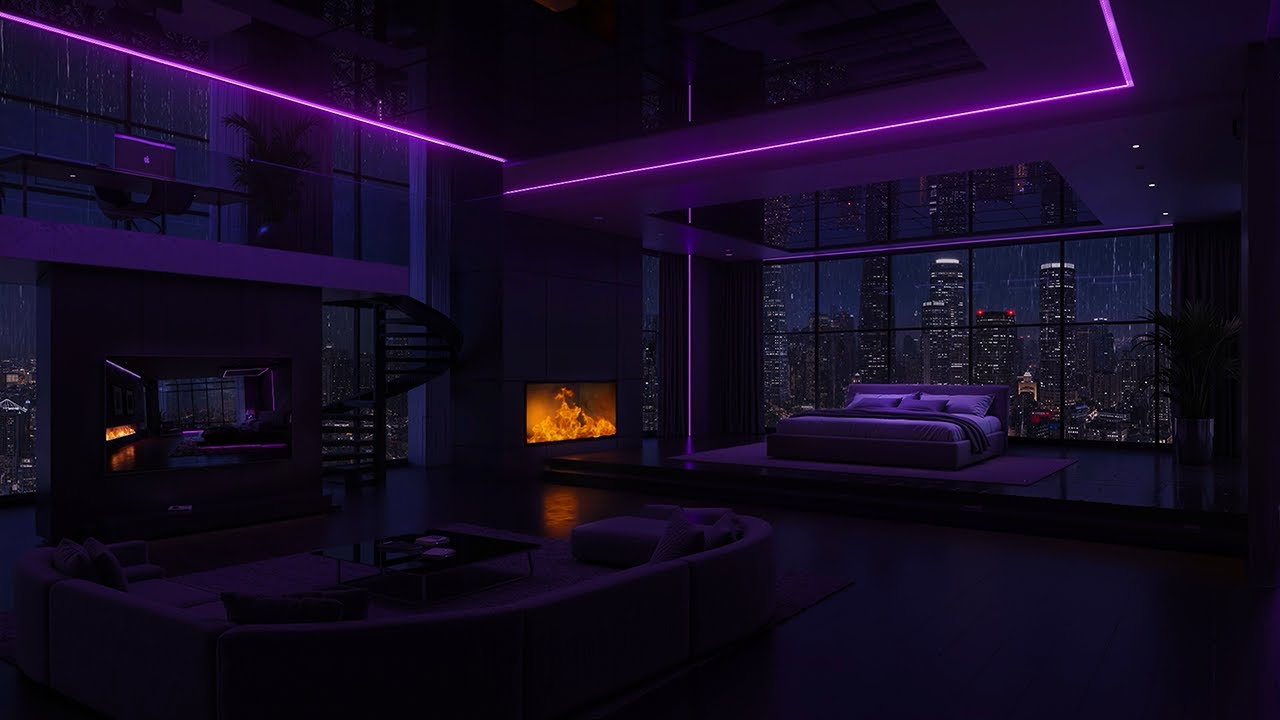 🌧️ Rainy Night in a Luxury City Loft | Relaxing Piano & Fireplace Ambience for Deep Sleep