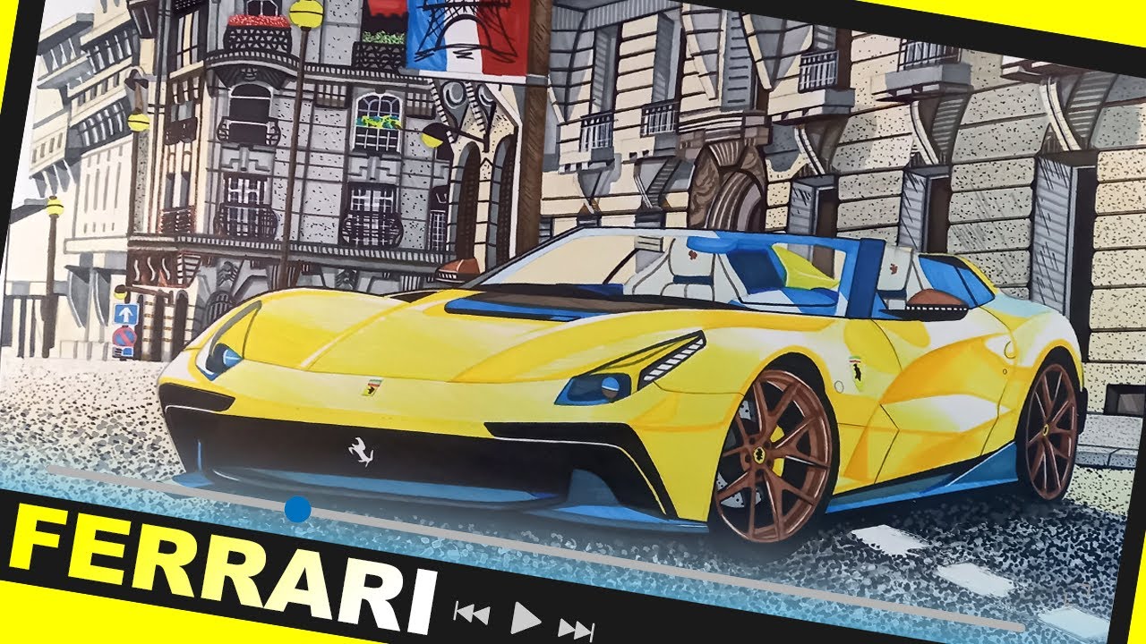 Supercar Art: Giallo Modena Ferrari F12 TRS On The Streets of Paris | Drawing Time Lapse