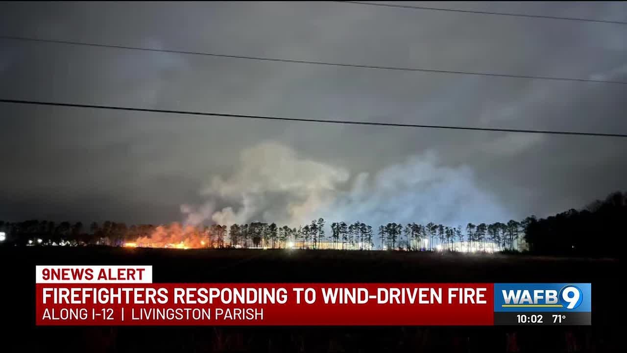 Firefighters responding to wind-driven fire along I-12 in Livingston Parish