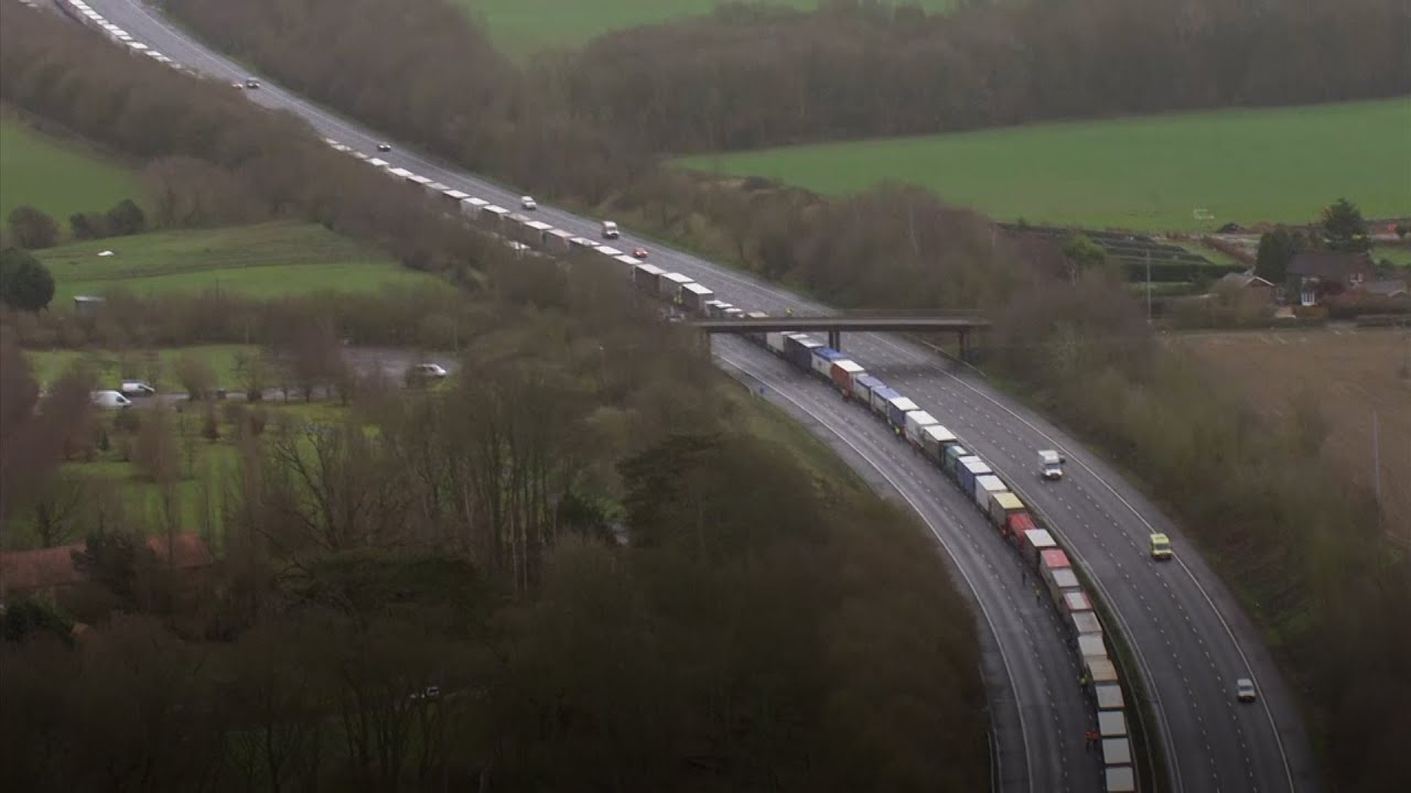 Aerial footage shows lorries backed up for miles in Kent after France travel ban
