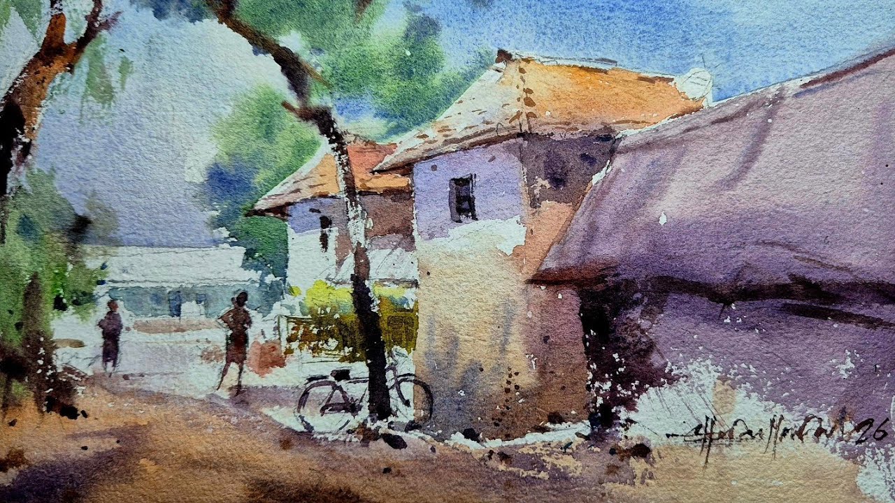 Village houses & trees watercolor | easy indian rural scenery