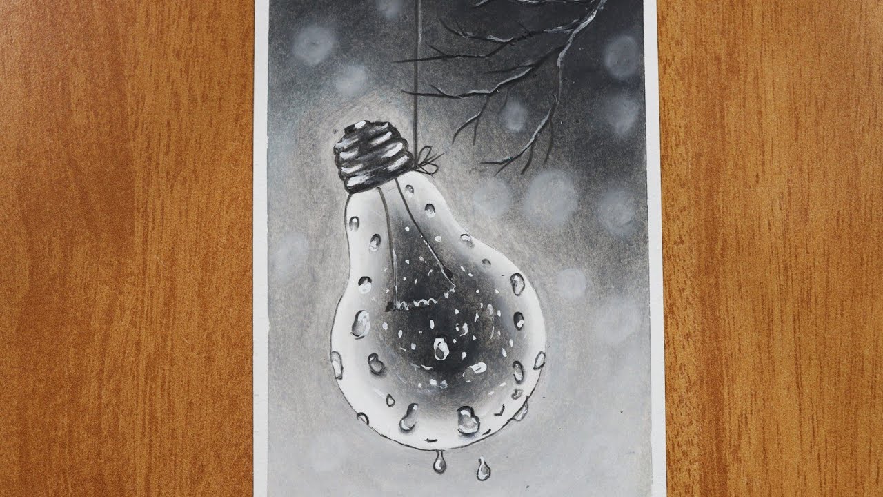 Rain Drops on Bulb drawing ||Drawing with oil pastel for beginners || Easy oil pastel drawing
