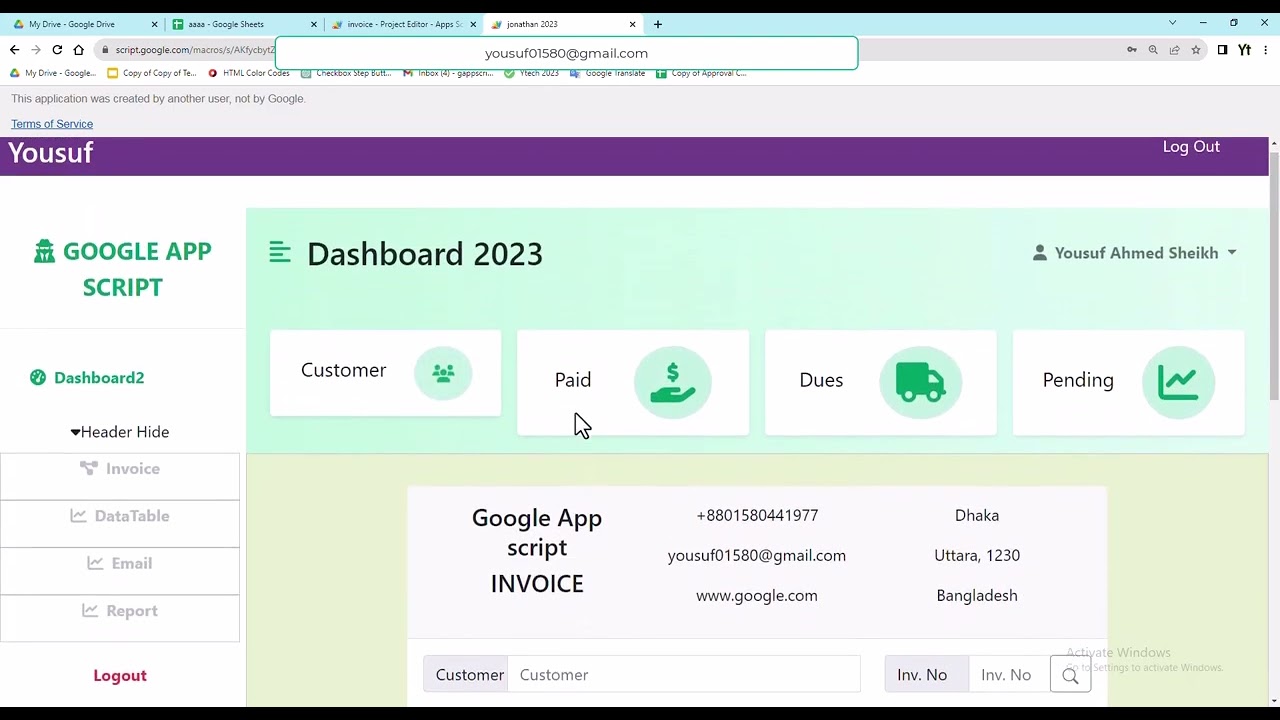 Google App Script Invoice and Dashboard Login or logout