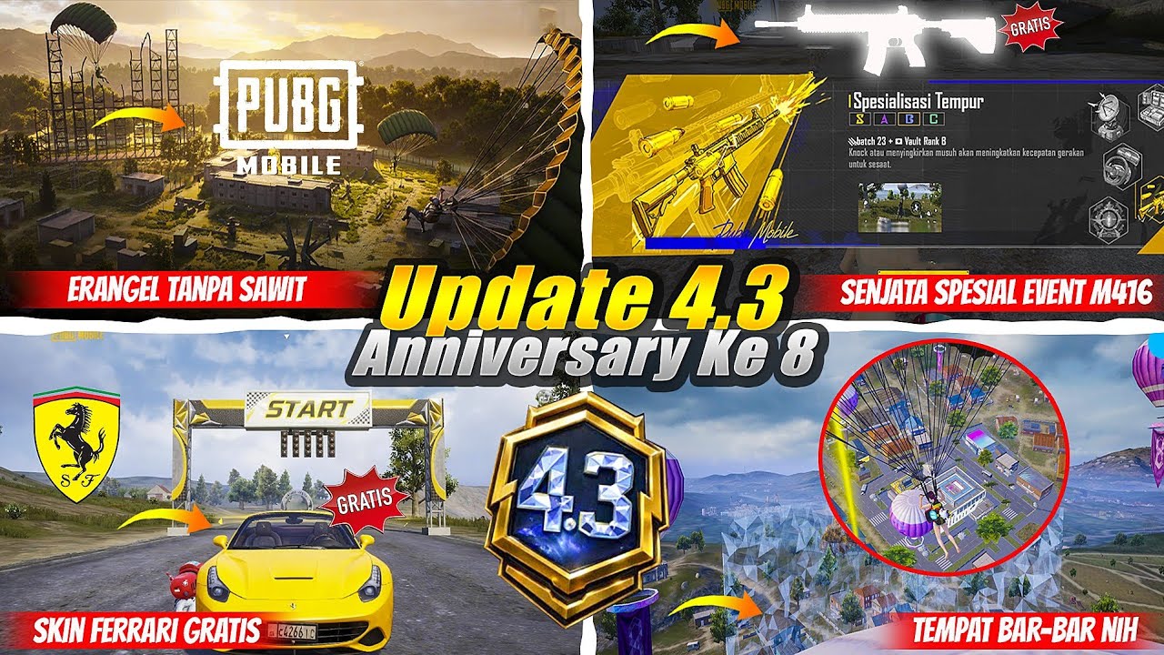 UPDATE 4.3 SPESIAL ANNIVERSARY 8 SENJATA EVENT M416 NIH MODE BALAP FERRARI GRATIS TAPI KOK GINI YA🤪🤪