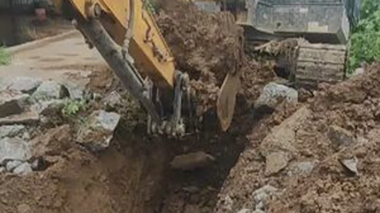 暴雨过后的第二天，依然有很多庄稼被淹在水中，农民们都在忙着做排水工作，尽可能挽回损失。