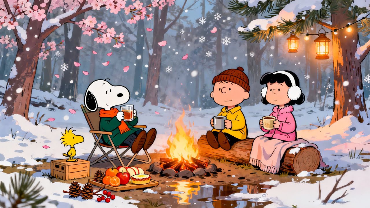 Snoopy, Lucy & Charlie Brown’s Cozy Spring Snow Moment 🔥🌸 Lofi Ambience to Focus & Unwind