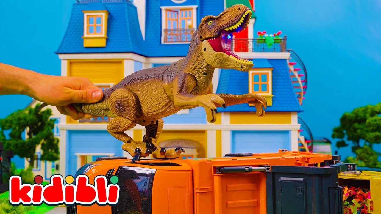 Dino-Spielzeug-Angriff für Kinder 🦖 Feuerwehr-Rettungsmission mit Polizeihubschrauber | Kidibli