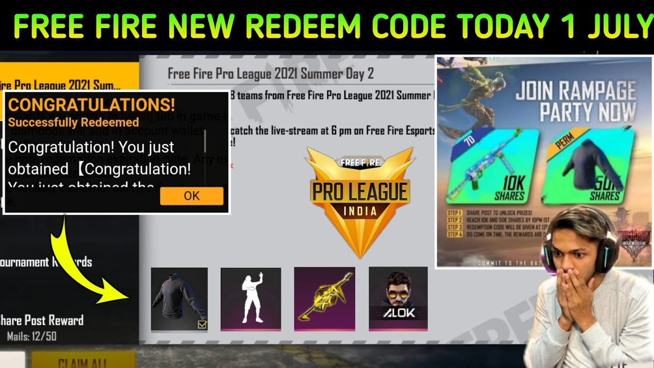 Free Fire New Redeem Code Today 1 July | FF New Redeem Code Today | Pro League Redeem Code Today