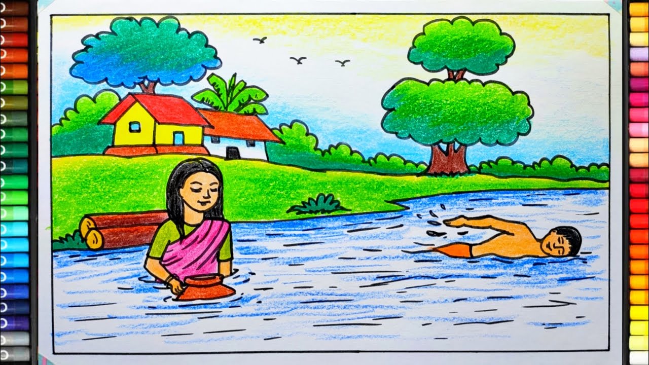 Village Pond Scenery with Human Figure | Village Swimming Scenery Drawing