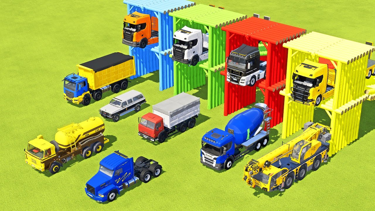 TRANSPORTING BUS, POLICE CARS, DUMP TRUCK, BOX TRUCK, FIRE TRUCK WITH SCANIA TRUCK -  FS22
