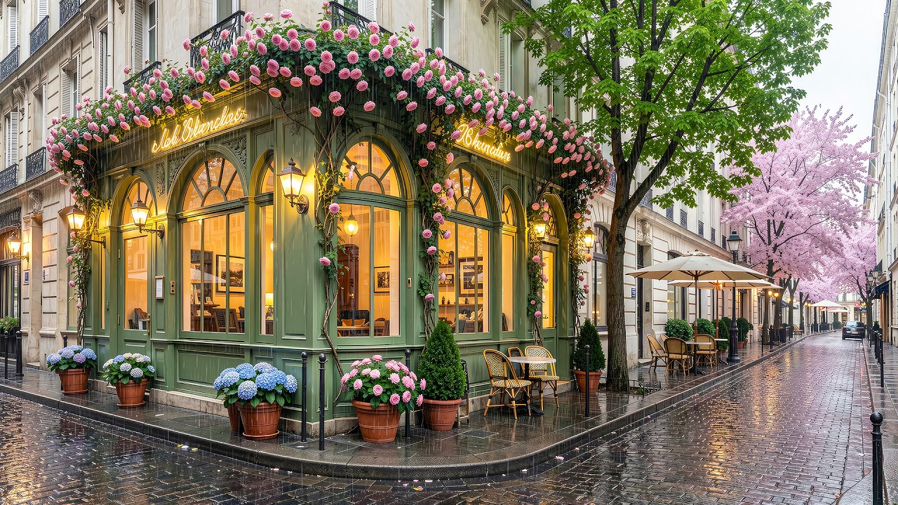 Romantic Rainy Paris Café Evening ☕ Cozy Rose Garden Street Ambience with Soft Jazz for Relax