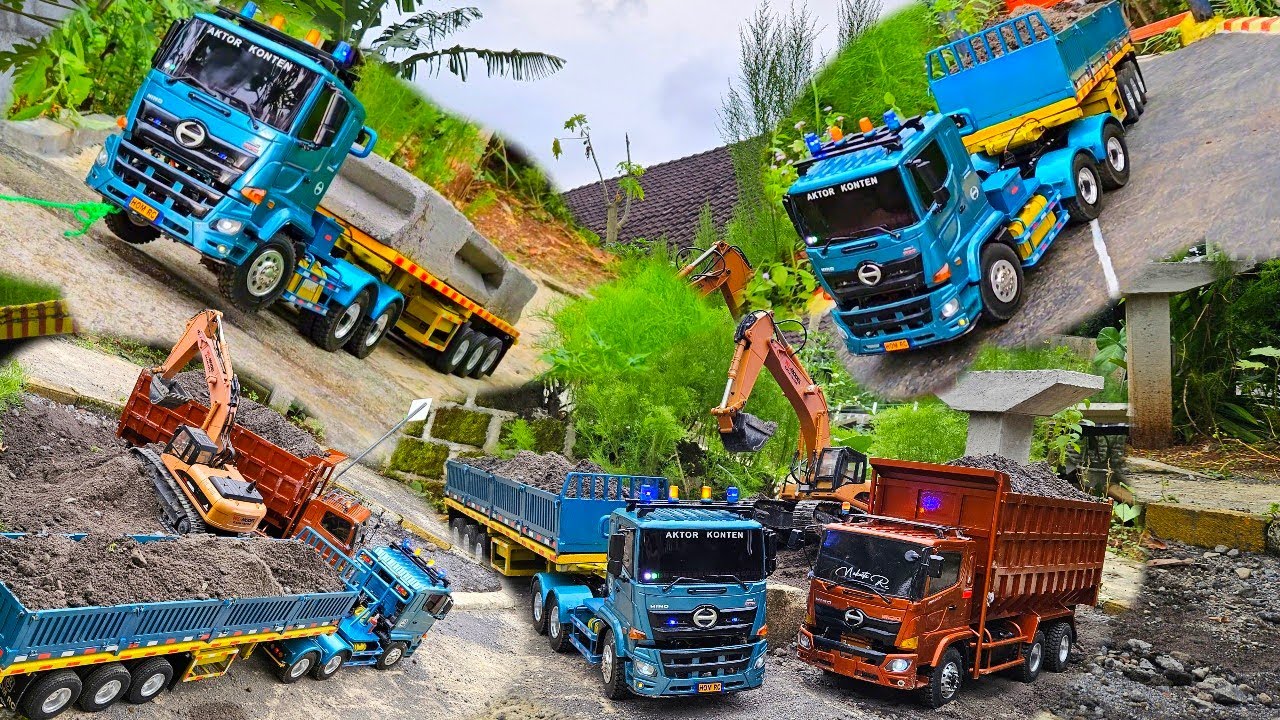AKSI KE 92 ‼️ Proyek Area Tambang RC Truk Trailer vs Hino Tronton Angkut Pasir Ban Selip di Derek 