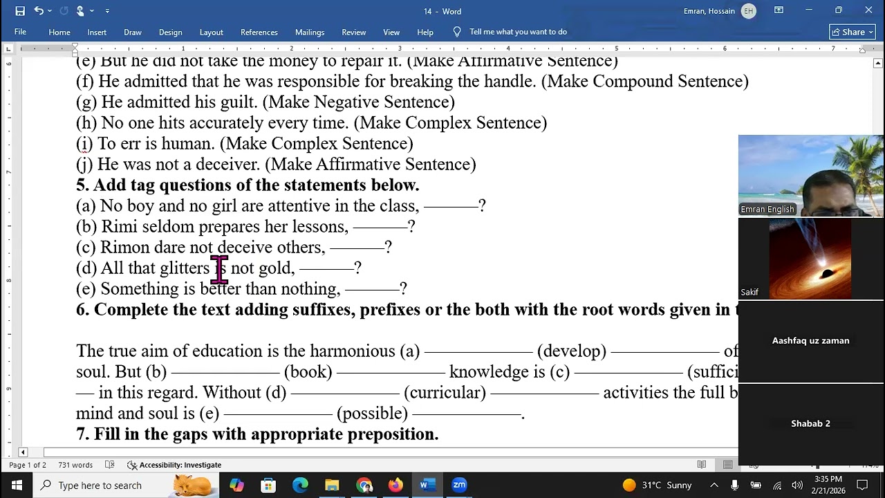 Weekly Test on English Grammar, English 2nd Paper, SSC