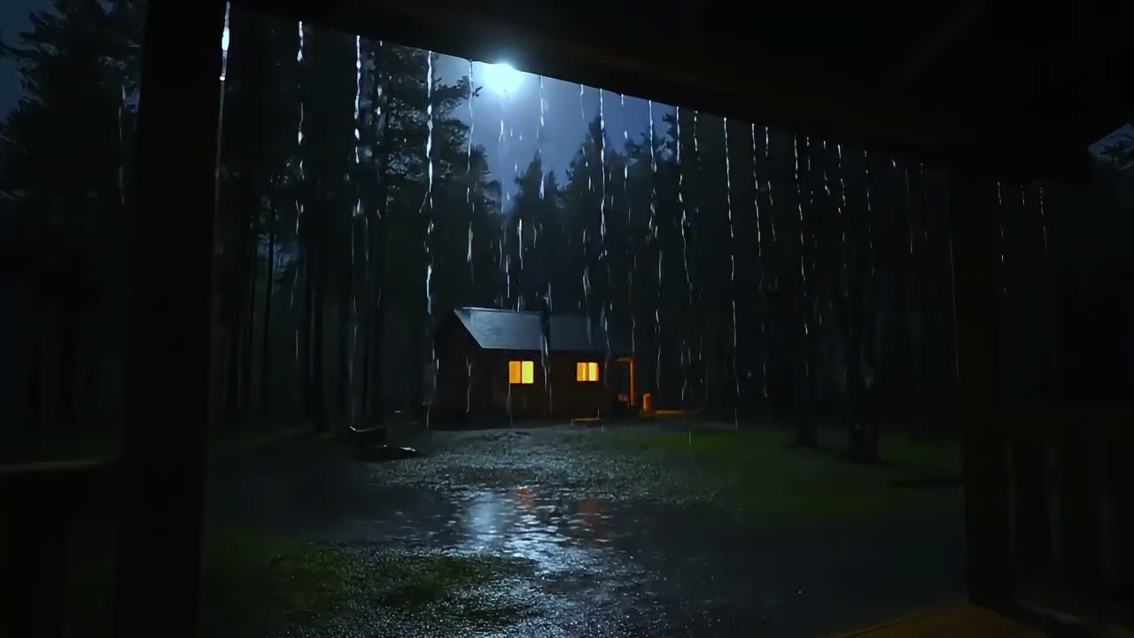 Moonlit Cabin Rainstorm ASMR 🌙 Thunder & Heavy Rain Sounds for Sleep & Relaxation