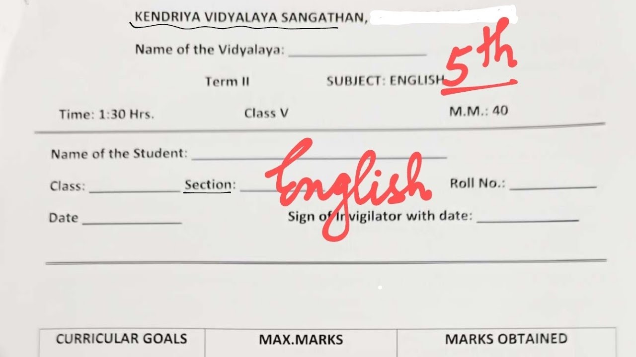 Class 5 English (Real paper)Annual Exam 2026 for PM Shri kv students/ Class 5 English Session Ending