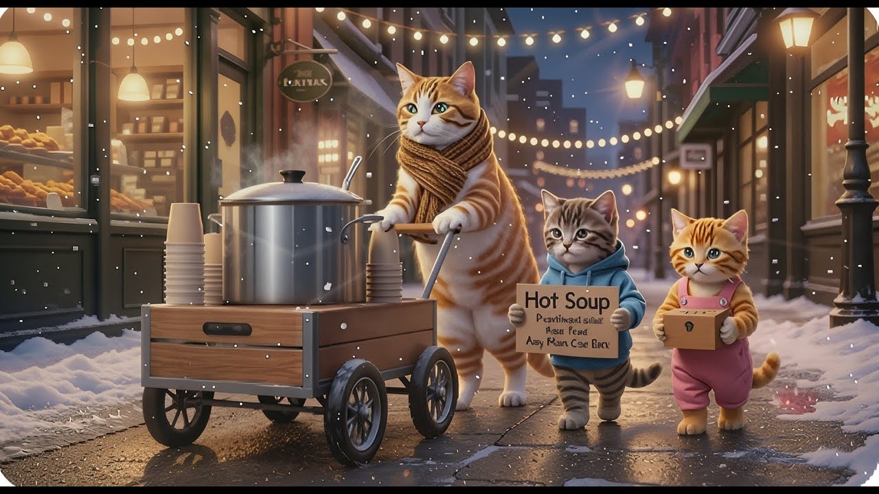 A Winter of Warmth A Mother Cat and Her Two Kittens Selling Soup to Help the Homeless