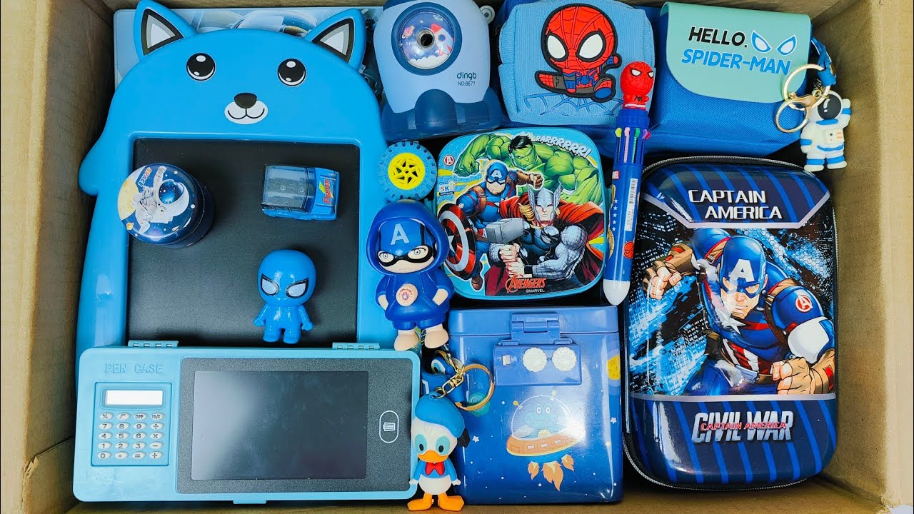 Unboxing Fancy Blue Stationery📚 Spiderman Geometry Box, PiggyBank, Dairy, Eraser, Pen, Board, Etc.