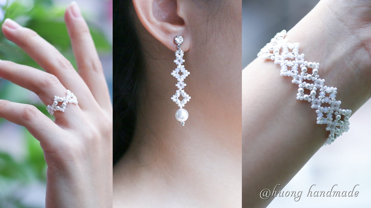 DIY elegant bridal jewelry set. Beading tutorial. Bracelet, earrings & ring
