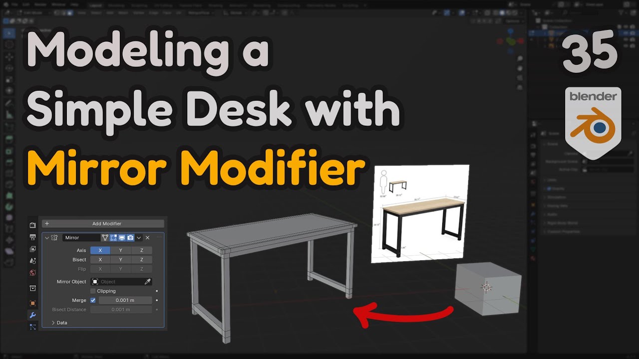 35 - How to Mirror Object in blender with Mirror Modifier: Modeling a Desk