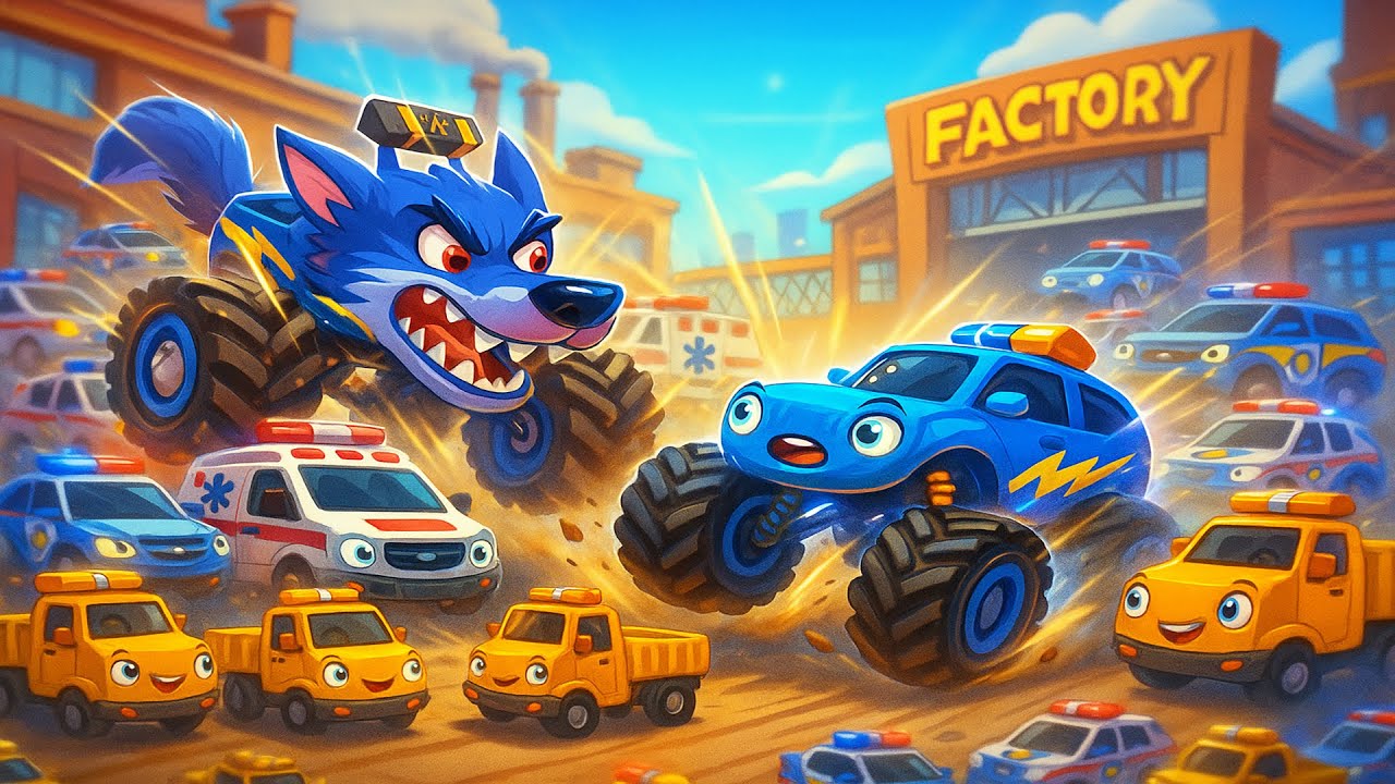 The Wolf Monster Truck At The Factory!🚛🐺 Police Car Action Mission | Funny Vehicles Adventure